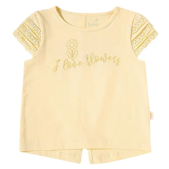 Blusa Manga Curta Kids Floral Amarelo Meia Malha Tip Top