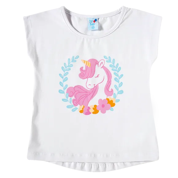 Blusa Manga Curta Kids Unicórnio Rosa Meia Malha Tip Top