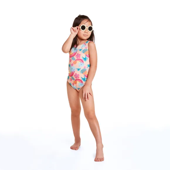 Maiô Praia Floral Laranja Elastano Kids Proteção Uv 50+ Tip Top