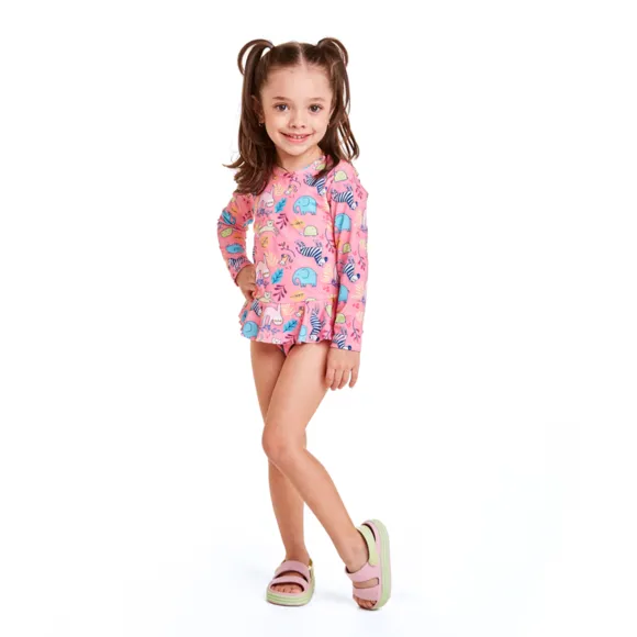 Body Manga Longa Praia Safari Rosa Elastano Kids Proteção Uv50+ Tip Top
