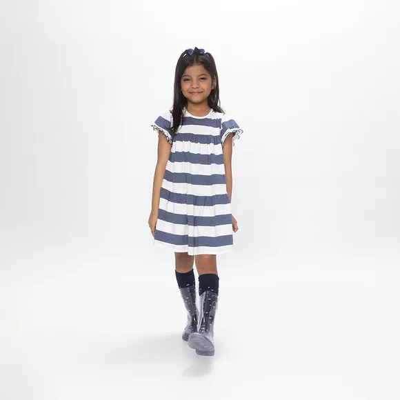 Vestido Manga Curta Listrado Blue Meia Malha Kids Tip Top