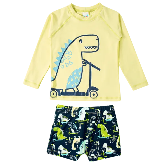 Kit Praia Camiseta Shorts Boné Dino Sport Elastano Kids Proteção Uv 50+