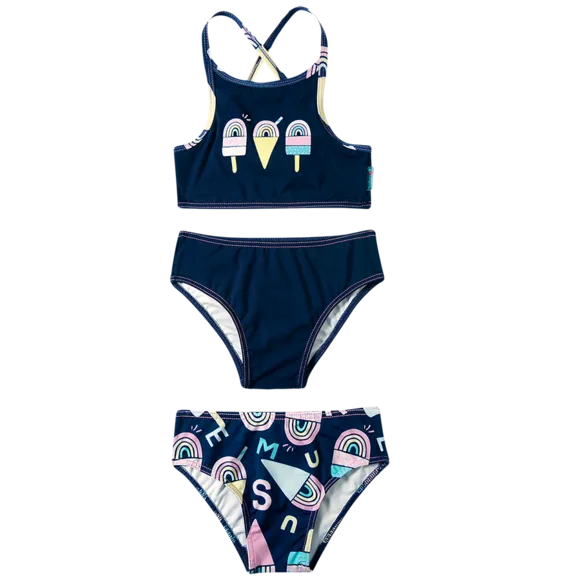 Kit Praia 1 Top E 2 Calcinhas Sorvete Alfabeto Marinho Kids Proteção Uv 50+