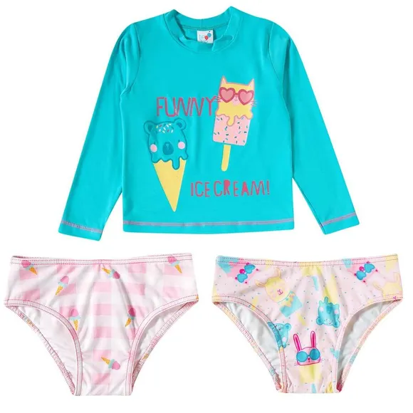 Kit 3 Peças Praia Kids Ice Love Lycra Proteção Uv 50+ Tip Top