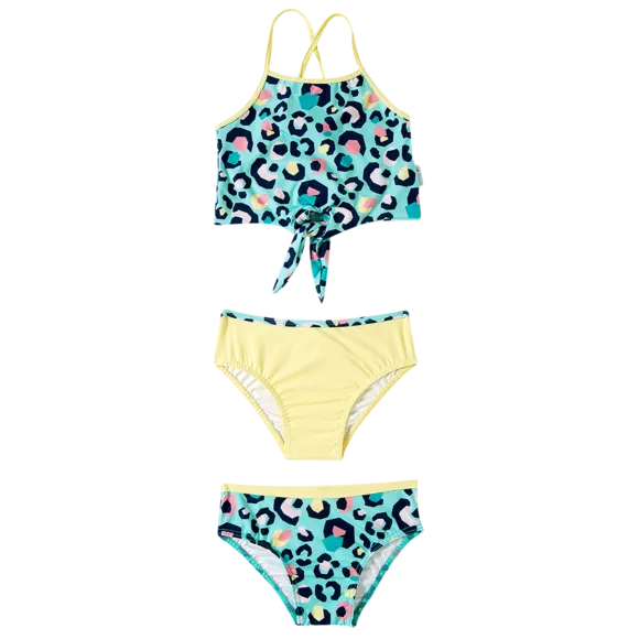 Kit Praia 1 Top E 2 Calcinhas Onça Verde Lycra Kids Proteção Uv 50+