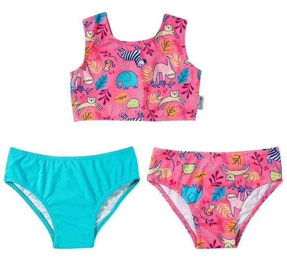 Kit 1 Top E 2 Calcinhas Praia Safari Rosa Lycra Kids Proteção Uv 50+ Tip Top