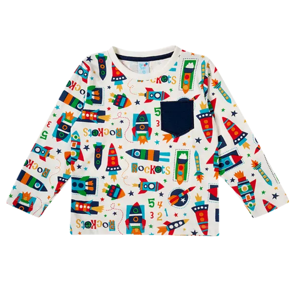 Camiseta Manga Longa Foguete Meia Malha Kids Tip Top