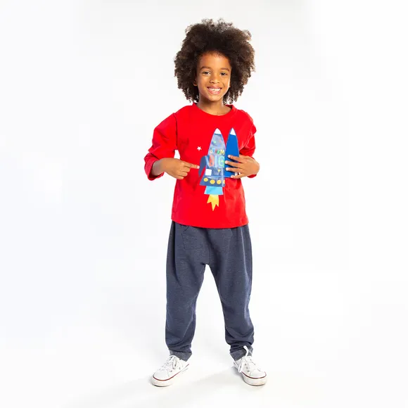 Camiseta Vermelha Manga Longa Foguete Meia Malha Kids Tip Top