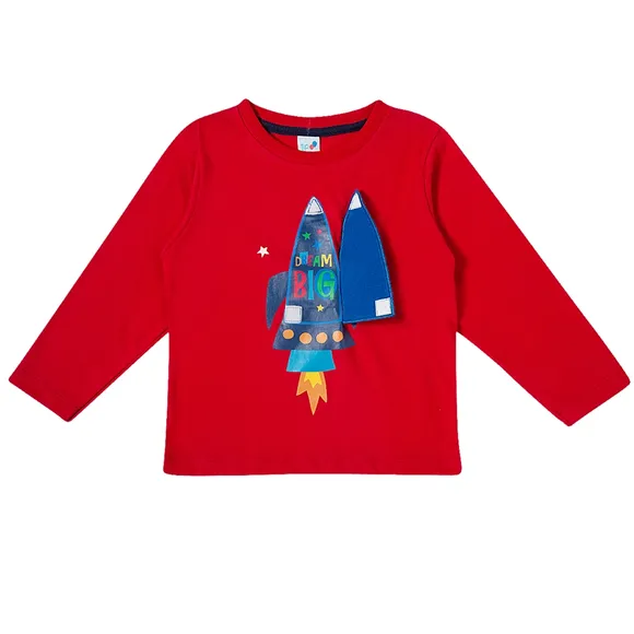 Camiseta Vermelha Manga Longa Foguete Meia Malha Kids Tip Top