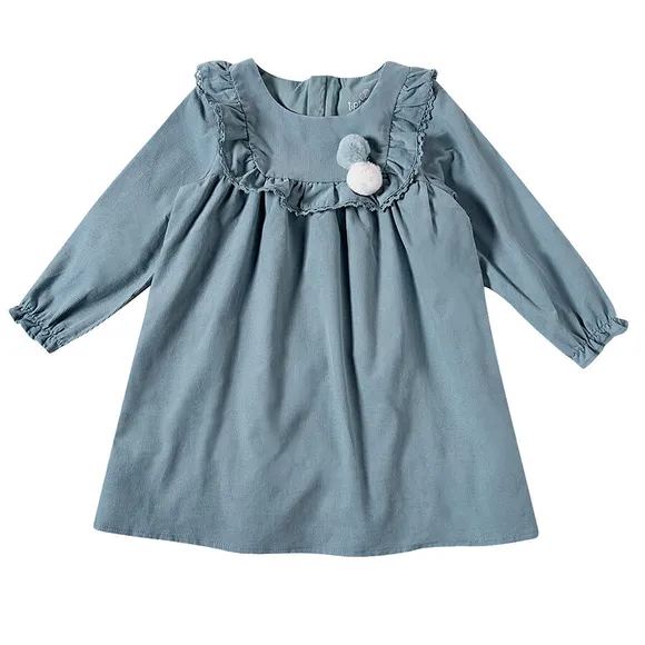 Vestido Manga Longa Kids Azul Veludo Cotelê Tip Top