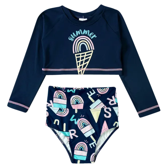 Top Com Calcinha Praia Sorvete Alfabeto Marinho Lycra Kids Proteção Uv 50+