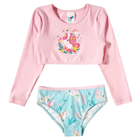 Top E Calcinha Kids Unicórnio Floral Lycra Proteção Uv 50+ Tip Top