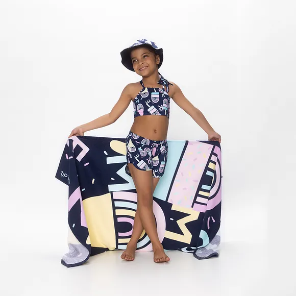 Top Com Calcinha Praia Sorvete Alfabeto Marinho Lycra Kids Proteção Uv 50+