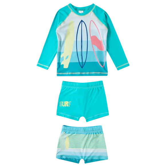 Kit Praia 1 Camiseta 2 Shorts Surf Elastano Juvenil Proteção Uv 50+