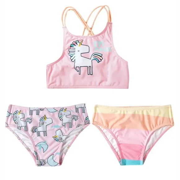 Kit Praia 1 Top E 2 Calcinhas Uni Rosa Lycra Juvenil Proteção Uv 50+
