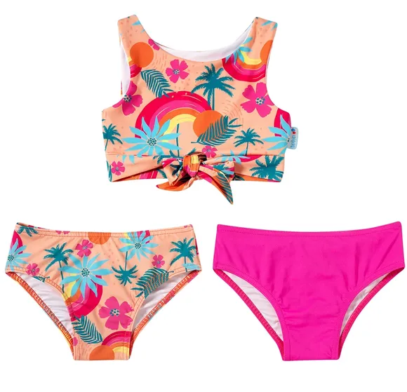 Kit 3 Peças Praia Floral Laranja Lycra Juvenil Proteção Uv50+ Tip Top