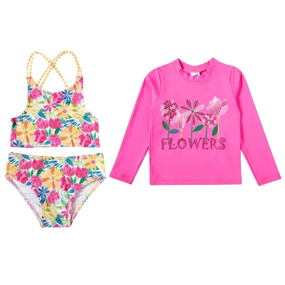 Kit 3 Peças Praia Juvenil Festa Das Flores Elastano Proteção Uv50+ Tip Top