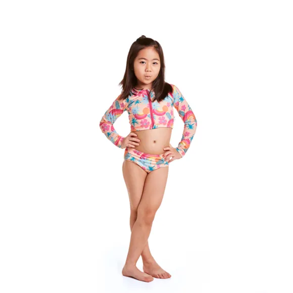 Top E Calcinha Praia Floral Laranja Elastano Juvenil Proteção Uv50+ Tip Top