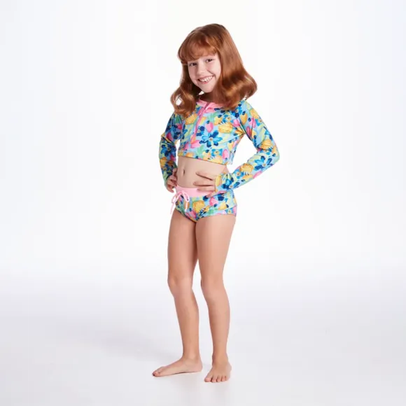 Top Manga Longa E Calcinha Juvenil Summer Caju Elastano Proteção Uv 50+ Tip Top