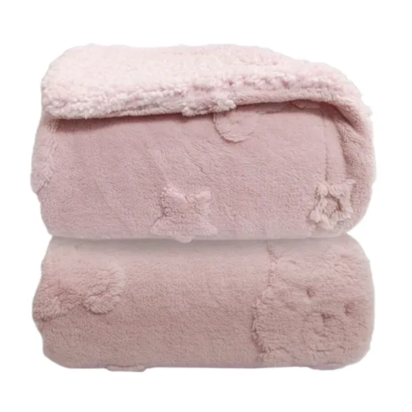 Cobertor Bebê Sherpam Relevo Urso Rosa Laço Bebê