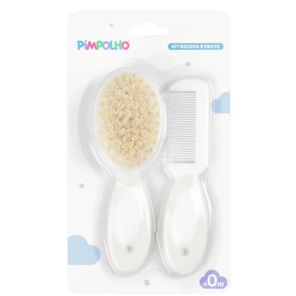 Kit Escova E Pente Cerdas Naturais Branco Pimpolho
