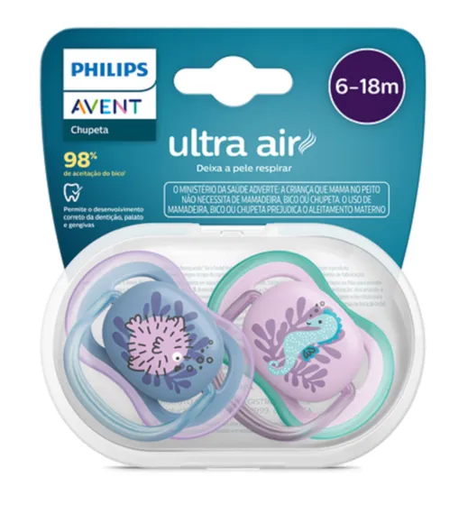 Chupeta Dupla Ultra Air Decorada 6 A 18 Meses Azul E Rosa Avent