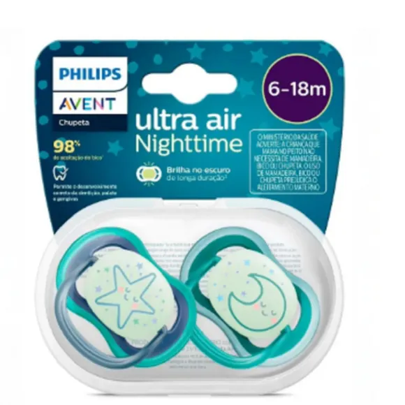 Chupeta Dupla Ultra Air Nighttime 6 A 18 Meses Azul E Verde Avent