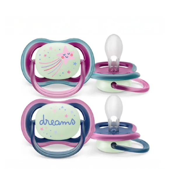Chupeta Dupla Ultra Air Nighttime 6 A 18 Meses Rosa E Azul Avent