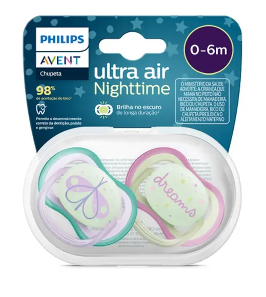 Chupeta Dupla Ultra Air Nighttime 0 A 6 Meses Verde E Rosa Avent
