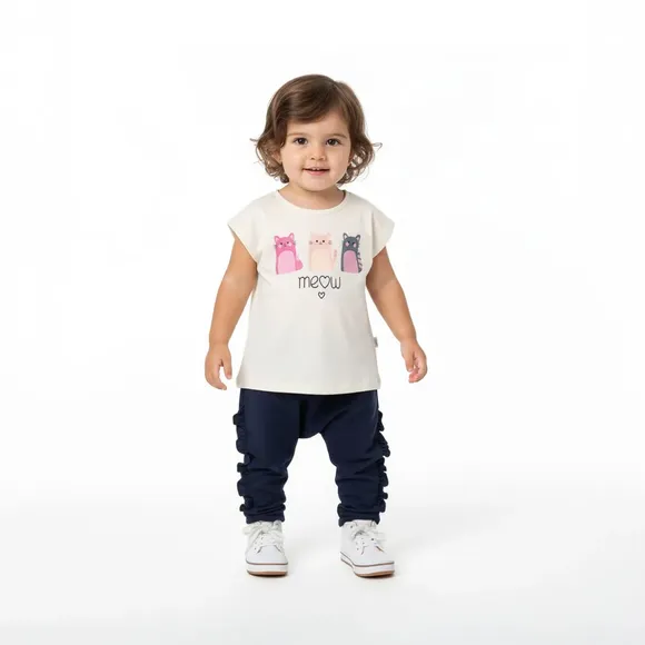 Blusa Manga Curta Kids Gatinhos Meia Malha Tip Top