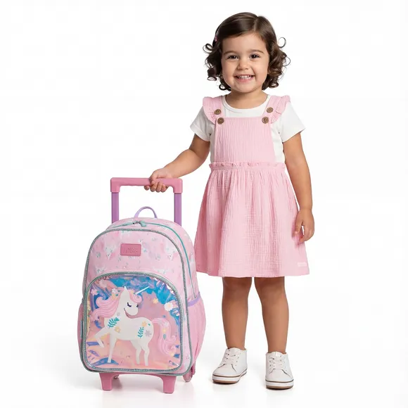 Mochila Rosa De Rodinha Escolar Infantil Unicórnio Tip Top