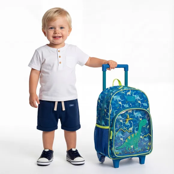 Mochila Azul De Rodinha Escolar Infantil Dino Tip Top