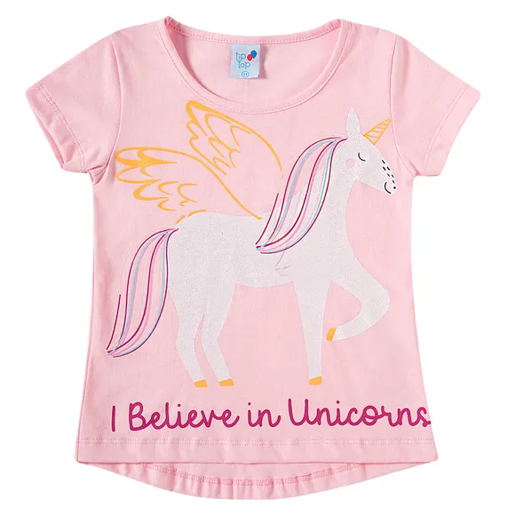 Blusa Manga Curta Kids Unicórnio Meia Malha Silk Com Glitter Tip Top