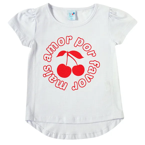 Blusa Manga Curta Kids Cereja Meia Malha Silk Com Puff Tip Top