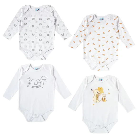 Kit Enxoval 4 Peças No Cabide Body Manga Longa Suedine Estampado Bebê Tip Top