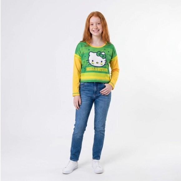 Blusa Manga Longa Juvenil Hello Kitty Torcida Do Brasil Malha Lycra Tip Top