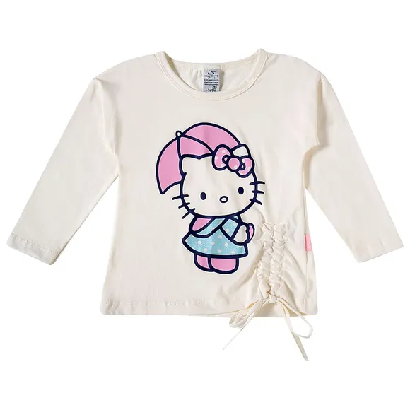 Blusa Manga Longa Toddler Hello Kitty Meia Malha Silk Com Glitter Tip Top