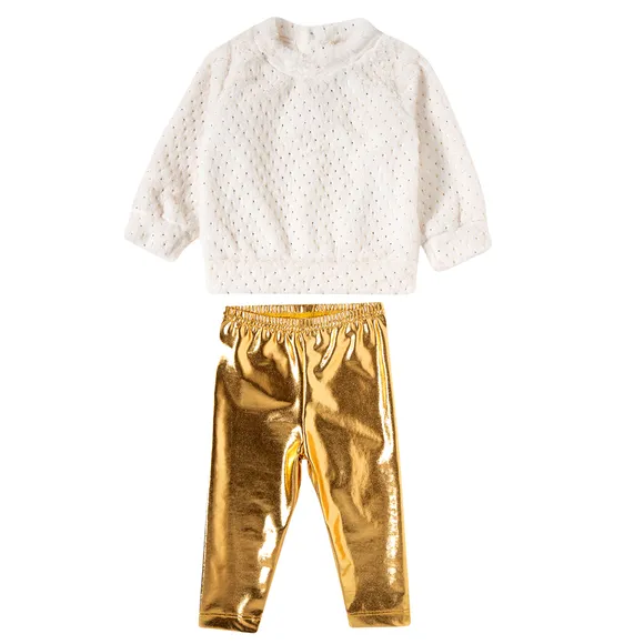 Conjunto Comprido Bebê Foil Dourado Malha Pele Tip Top