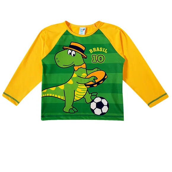 Camiseta Manga Longa Toddler Dino Torcida Do Brasil Malha Lycra Tip Top