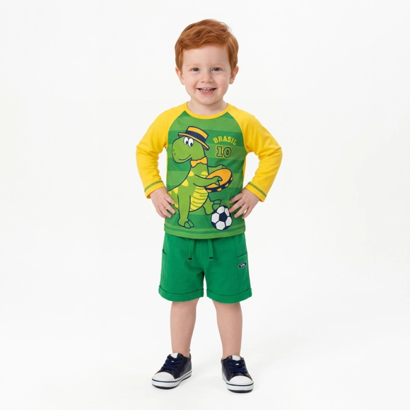 Camiseta Manga Longa Toddler Dino Torcida Do Brasil Malha Lycra Tip Top