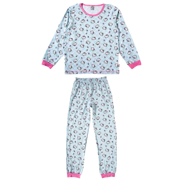 Pijama Longo Juvenil Hello Kitty Viscolycra Estampada Brilha No Escuro Tip Top