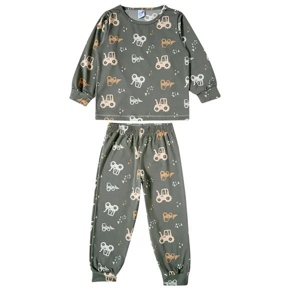 Pijama Longo Toddler Trator Malha Thermo Com Felpa Estampada Tip Top