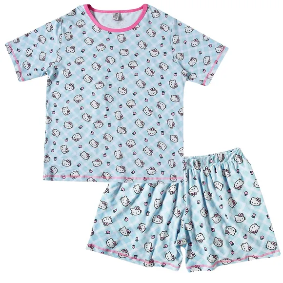 Pijama Curto Adulto Hello Kitty Viscolycra Estampada Brilha No Escuro Tip Top