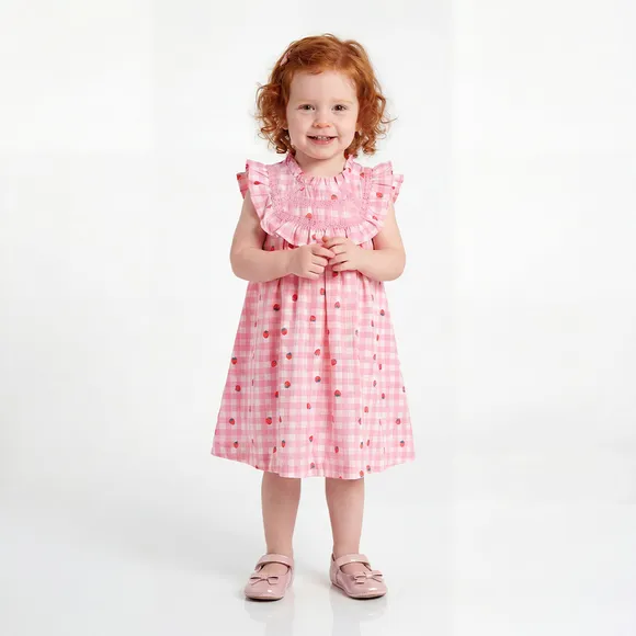 Vestido Manga Curta Toddler Morango Tricoline Estampado Tip Top