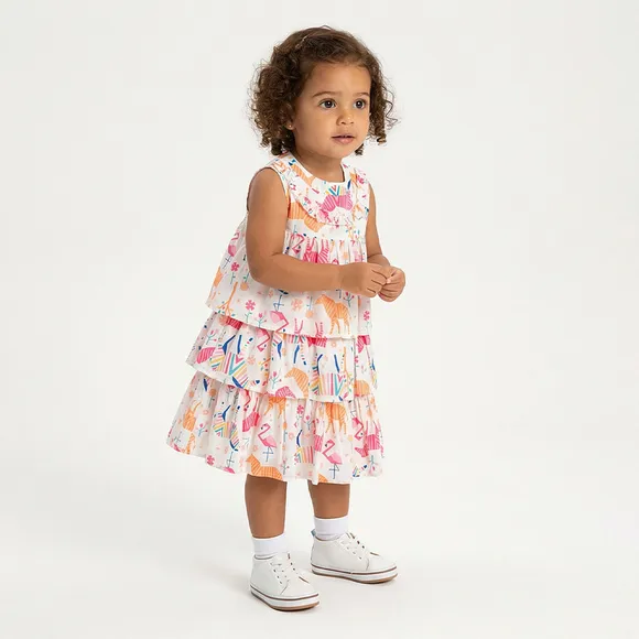 Vestido Manga Curta Toddler Zebra Tricoline Estampado Tip Top