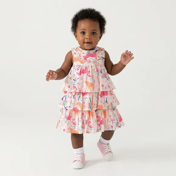 Vestido Manga Curta Bebê Zebra Tricoline Estampado Tip Top