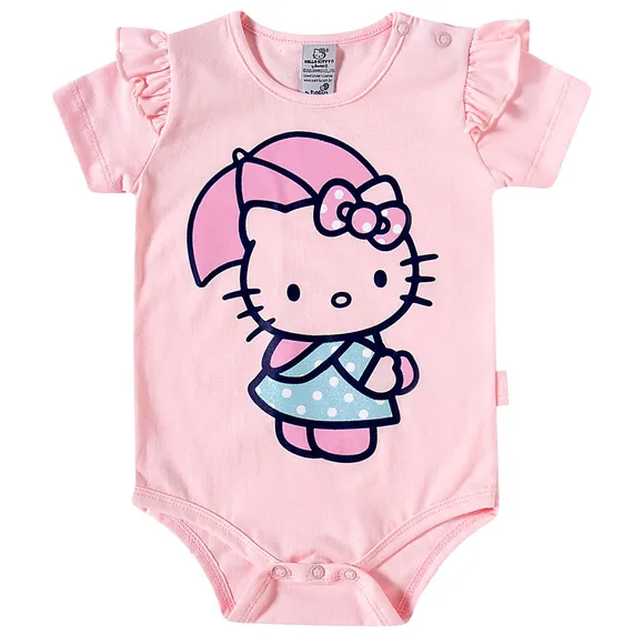 Body Rosa Manga Curta Bebê Hello Kitty Meia Malha Tip Top