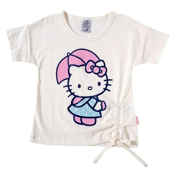 Blusa Manga Curta Toddler Hello Kitty Meia Malha Silk Com Glitter Tip Top