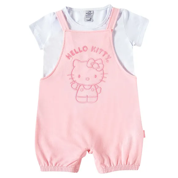 Jardineira Com Blusa Manga Curta Toddler Hello Kitty Meia Malha Tip Top