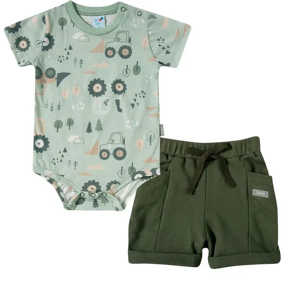 Conjunto Curto Bebê Trator Meia Malha Estampada Tip Top